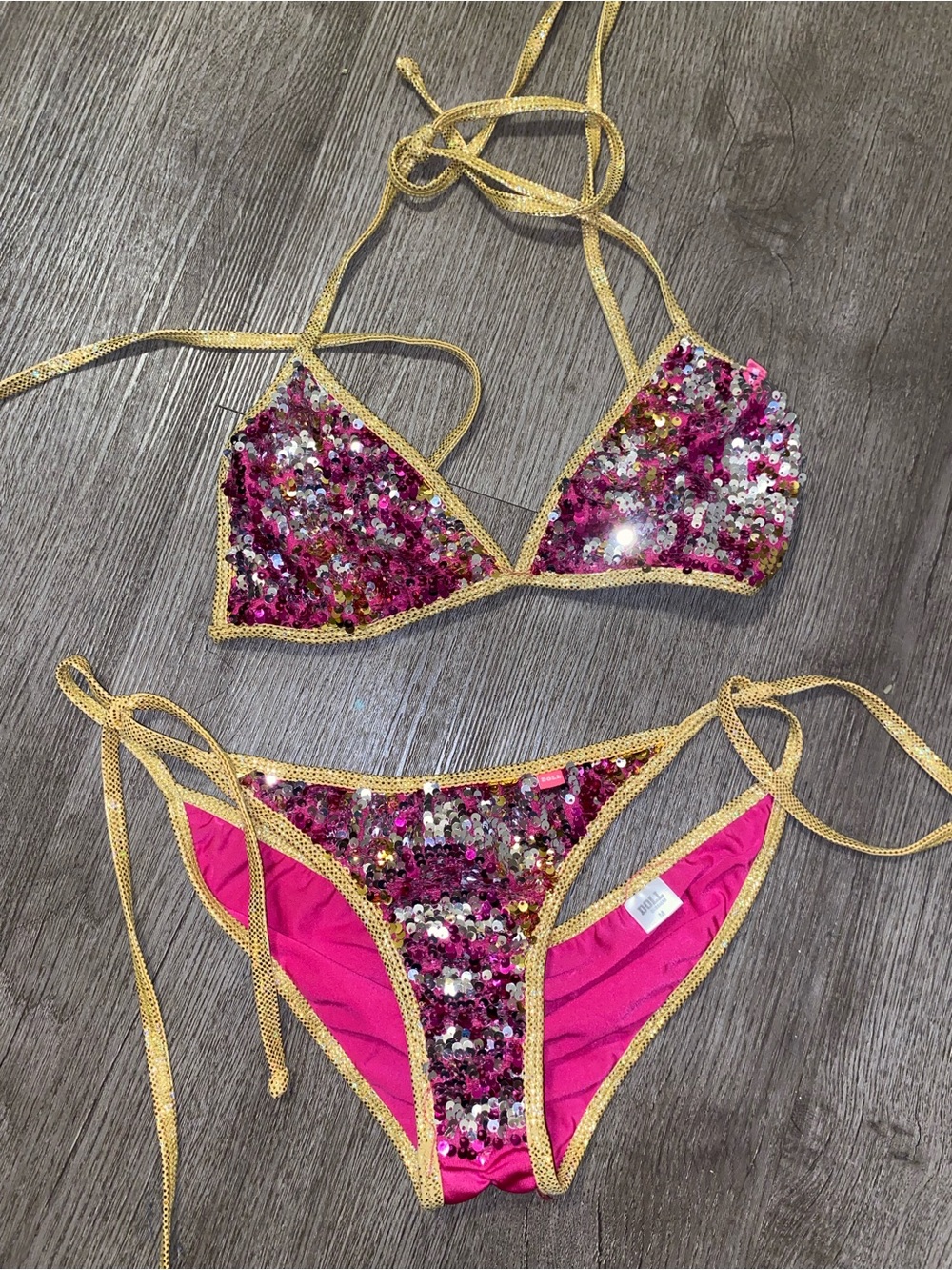 Dollcake Hot Pink Sequin Bikini with Gold Trim